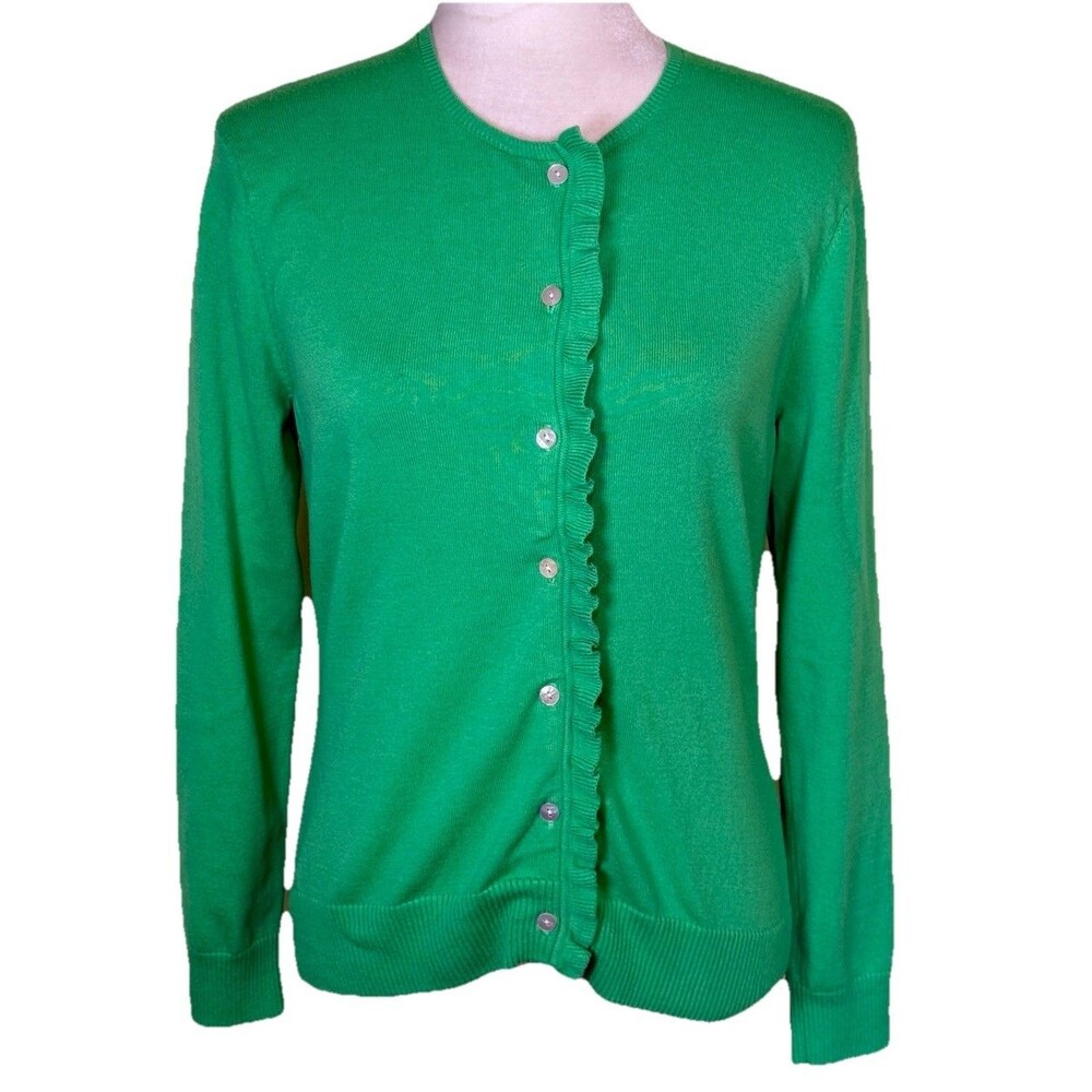 Women’s Green Ruffle Trim Lightweight Cardigan Feminine Preppy Classic Size XS‎